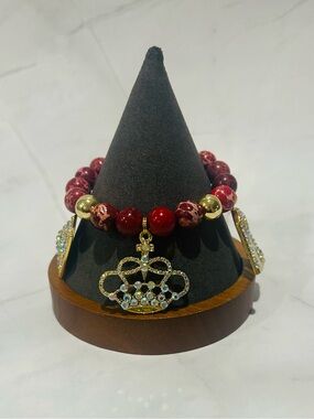 Red Sea sediment jasper & 14K gold Beaded Bracelet w/ Gold-tone crystal Charms